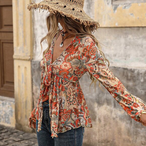 Orange Boho Women's Paisley Print Mesh Long Sleeve Tie Front Asymmetric top - Picture 6 of 8